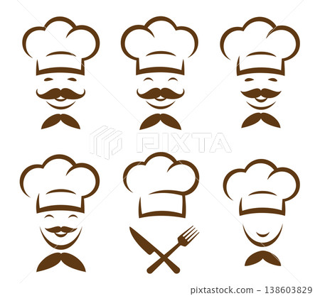 Restaurant set icons with smiling face man cook with chef hat 138603829
