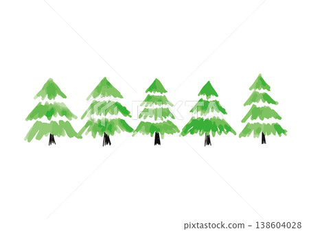 A line illustration of a forest with hand-drawn style coniferous trees; a horizontal green tree image. 138604028