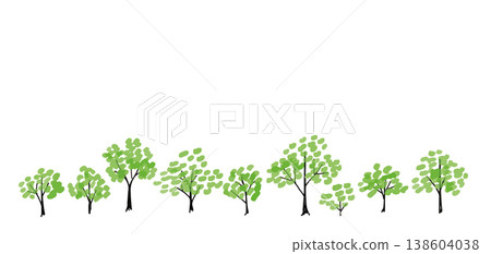 A hand-drawn style horizontal line illustration of rows of green trees; a natural landscape image. A hand-drawn style horizontal line illustration of rows of green trees; a natural landscape image. 138604038
