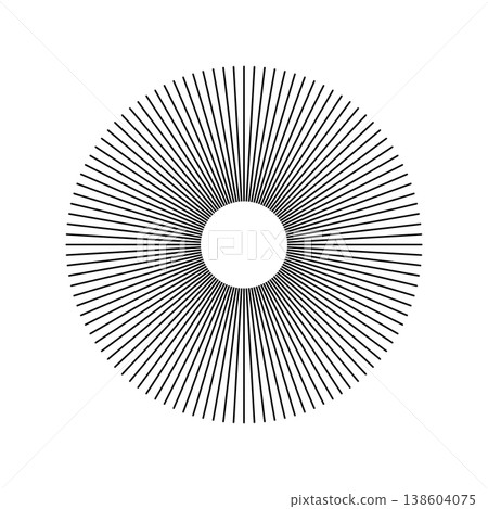 Circle radial lines. Circular lines element. Spokes with radiating stripes. Geometric abstract illusion shape. Sun star rays symbol. Flat design.  138604075
