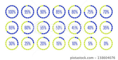 Blue and light green color fill pie chart indicators template. Round graph loading progress collection. Blue-green progress bars. Circle diagrams icons for infographics from 0 to 100 percent. Round pe Blue and light green color fill pie chart indicators template. Round graph loading progress collection. Blue-green progress bars. Circle diagrams icons for infographics from 0 to 100 percent. Round pe 138604076