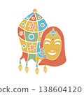 Traditional Indian woman and mirror embroidery lamp in desi style. Hand drawn vector illustration flat. Holiday and festival design, for oriental magazines, maps greeting cards, Holi Diwali clip arts. 138604120