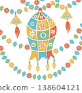 Traditional Indian mirror embroidery lamp and bells in desi style. Hand drawn vector illustration flat. Holiday and festival design, for oriental magazines, maps greeting cards, Holi Diwali clip arts. 138604121