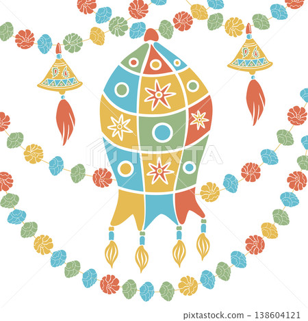 Traditional Indian mirror embroidery lamp and bells in desi style. Hand drawn vector illustration flat. Holiday and festival design, for oriental magazines, maps greeting cards, Holi Diwali clip arts. Traditional Indian mirror embroidery lamp and bells in desi style. Hand drawn vector illustration flat. Holiday and festival design, for oriental magazines, maps greeting cards, Holi Diwali clip arts. 138604121