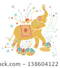 Indian Elephant festive ornamented, color powder in bowls and boy. Hand drawn vector illustration flat. Holiday and festive design, for oriental magazines, maps greeting cards, Diwali Holi clip arts. 138604122