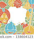 Indian man, music instruments, color powder in bowls flowers. Hand drawn vector illustration frame flat. Holiday and festive design, for oriental magazines, maps greeting cards, Diwali Holi clip arts. 138604123