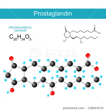 Prostaglandin molecule. Alprostadil molecular chemical structural formula 138604250