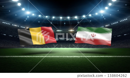Belgium and Iran flags on soccer stadium field.  138604262