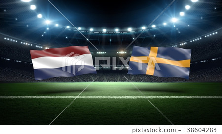 Netherlands and Sweden flags on soccer stadium field. Netherlands and Sweden flags on soccer stadium field. 138604283