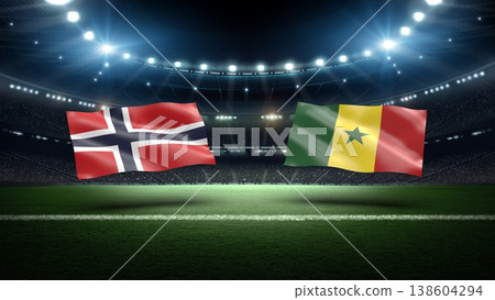 Norway and Senegal flags on soccer stadium field. Norway and Senegal flags on soccer stadium field. 138604294