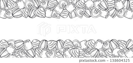 Unwrapped chocolate candies vector isolated horizontal border. Monochrome hand drawn row of assorted chocolates, truffles, pralines. Black and white sweet illustration for recipe cards, packaging 138604325