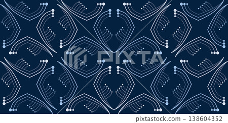 Dark winter seamless pattern. White blue curved lines on dark blue background. Fantasy geometric shapes. Mosaic tiles. Monochrome blue decor Dark winter seamless pattern. White blue curved lines on dark blue background. Fantasy geometric shapes. Mosaic tiles. Monochrome blue decor 138604352