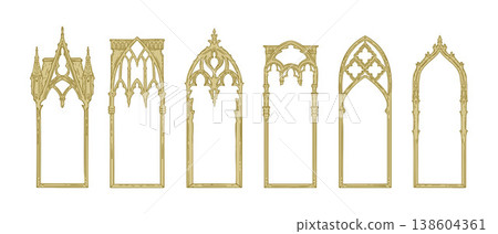 Gothic window frame set, hand drawn medieval cathedral doorway border, vintage church entrance art. Gothic window frame set, hand drawn medieval cathedral doorway border, vintage church entrance art. 138604361