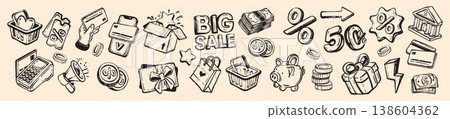 Shopping sale doodle illustration, hand drawn business commercial icon set, discount voucher sign.  138604362