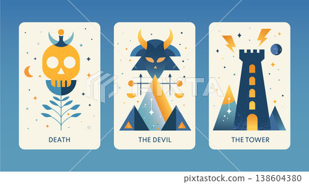 Death, Devil, Tower tarot cards feature symbolic illustrations representing transformation, temptation, and change 138604380