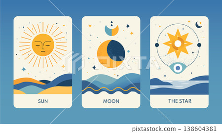 Sun moon star celestial illustration landscape graphic design nature astrology night sky vibrant colors abstract symbols spiritual harmony cosmic 138604381