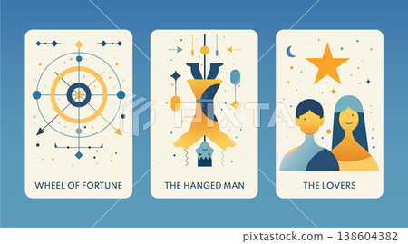 Wheel of Fortune, Hanged Man, Lovers are illustrated tarot cards featuring vibrant colors and symbolic designs, evoking mystery and insight Wheel of Fortune, Hanged Man, Lovers are illustrated tarot cards featuring vibrant colors and symbolic designs, evoking mystery and insight 138604382