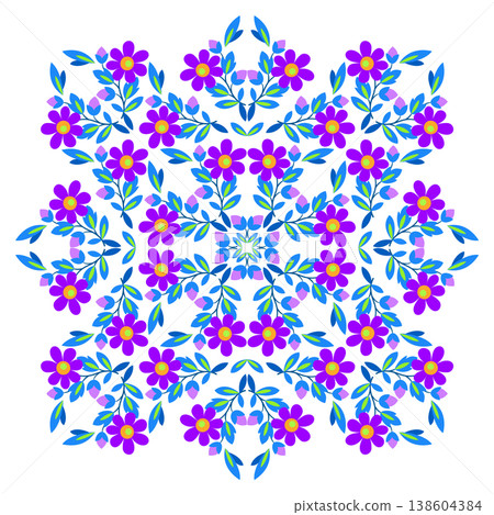 Square kaleidoscope pattern of blue purple flowers Square kaleidoscope pattern of blue purple flowers 138604384