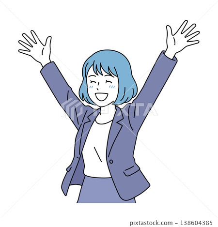 一位女商務人士高興地舉起雙手的向量插圖。 138604385
