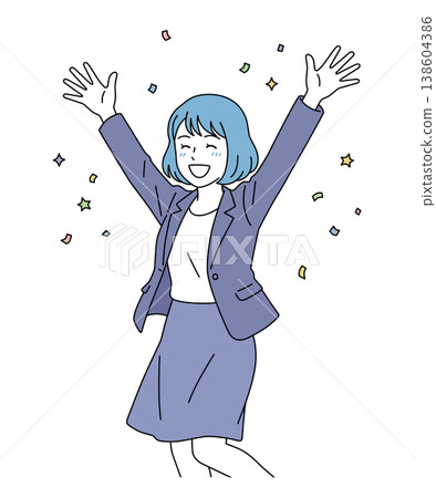 一位女商務人士高興地舉起雙手的向量插圖。 138604386