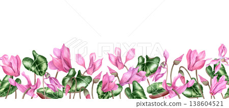 Watercolor pink cyclamen and leaves seamless border on isolated background. Spring blooming flowers horizontal decorative pattern. Floral composition for greeting card, florists shop, textile design Watercolor pink cyclamen and leaves seamless border on isolated background. Spring blooming flowers horizontal decorative pattern. Floral composition for greeting card, florists shop, textile design 138604521