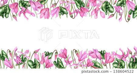 Watercolor flowering pink cyclamen plants rectangle border on isolated background. Spring blooming flowers frame with empty space for text. Floral composition for greeting card, herbal product 138604522
