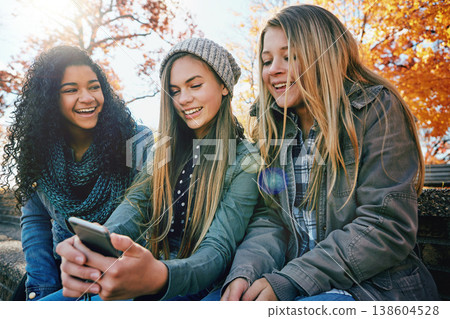 Phone, meme or girl friends in park with smile together for holiday vacation outdoors on social media. Friendship, gossip or happy gen z people in nature talking, speaking or laughing at a funny joke 138604528