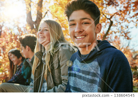 Teenager, friends and portrait in outdoor, boy and diversity on holiday, nature and relax by trees. Youth culture, happy group and gen z school kids in sunshine, woods or park for vacation in Canada 138604545