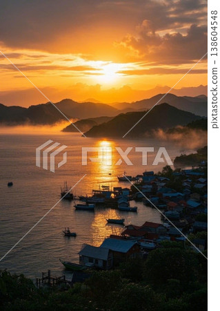 海湾渔村的金色日暮 霞光下的宁静港湾 138604548