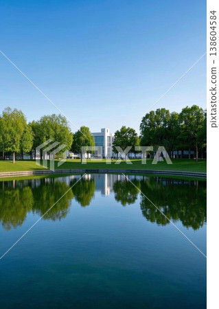 The shimmering lake and dappled sunlight reflect off the modern architecture, creating a tranquil, eco-friendly office environment. 138604584
