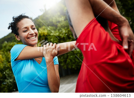 People are stretching, exercise and start workout with athlete, personal trainer or couple ready for fitness outdoor. Health, wellness and prepare for training, sports and flexibility with warm up People are stretching, exercise and start workout with athlete, personal trainer or couple ready for fitness outdoor. Health, wellness and prepare for training, sports and flexibility with warm up 138604613