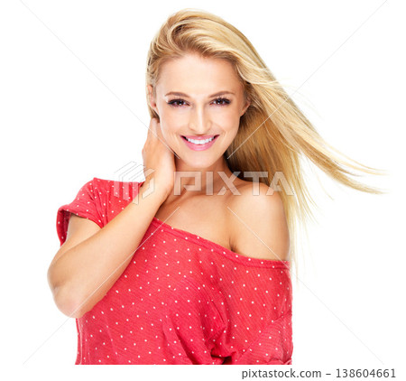 Fashion, confident and portrait of woman in studio in trendy clothes, summer outfit and style. Smile, happy and isolated stylish person with cosmetics, pride and natural beauty on white background 138604661