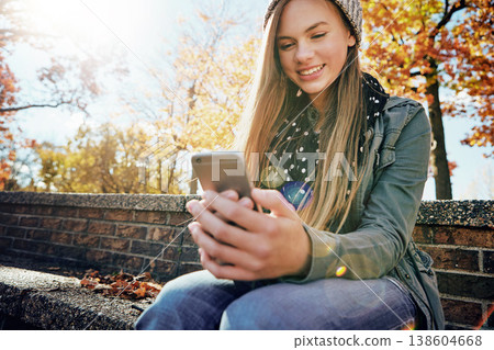 Meme, mobile app or happy woman in park on social media to chat on internet post or web notification. Phone search, news or gen z girl texting, networking or typing online on blog or bench to relax Meme, mobile app or happy woman in park on social media to chat on internet post or web notification. Phone search, news or gen z girl texting, networking or typing online on blog or bench to relax 138604668