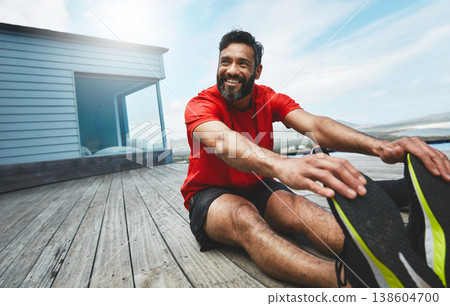 Man, stretching legs and fitness, start running or race with smile, muscle and ready for exercise outdoor. Athlete, sports and cardio in nature, health and wellness, workout for marathon and warm up Man, stretching legs and fitness, start running or race with smile, muscle and ready for exercise outdoor. Athlete, sports and cardio in nature, health and wellness, workout for marathon and warm up 138604700