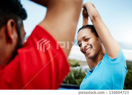People are stretching, fitness and start training with athlete, personal trainer or couple ready for workout outdoor. Health, wellness and prepare for exercise, sports and flexibility with warm up 138604723