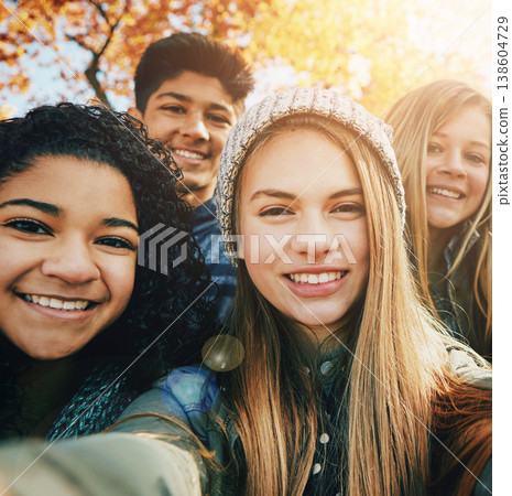 Selfie, happy or portrait of friends in park for social media, online post or profile picture in autumn. Woman, man or gen z people with smile for photo for a fun holiday vacation to relax in nature 138604729