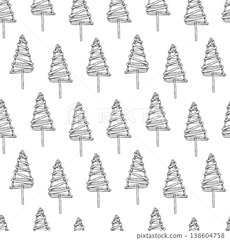 Wicker Christmas tree vector seamless vector pattern in traditional Scandinavian style. Hand drawn Xmas spruce crafted from woven vines and twigs rustic folk ornament for packaging, holiday tag Wicker Christmas tree vector seamless vector pattern in traditional Scandinavian style. Hand drawn Xmas spruce crafted from woven vines and twigs rustic folk ornament for packaging, holiday tag 138604758