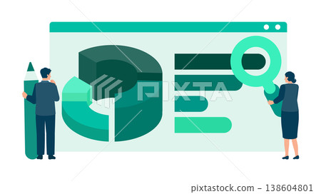 An illustration of a man and woman performing budget management and marketing analysis, using a magnifying glass to examine and optimize data in a business setting. An illustration of a man and woman performing budget management and marketing analysis, using a magnifying glass to examine and optimize data in a business setting. 138604801
