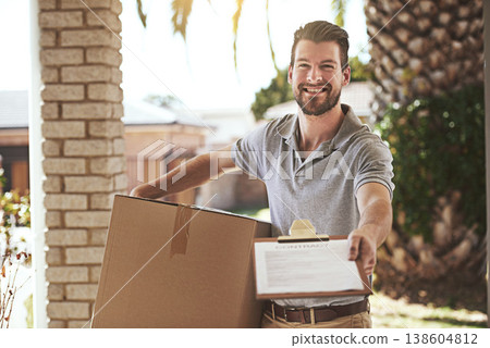 Delivery man, package and documents for home courier, product supplier and contract signature or happy services. Portrait of logistics worker offer, giving paper and clipboard or checklist with box Delivery man, package and documents for home courier, product supplier and contract signature or happy services. Portrait of logistics worker offer, giving paper and clipboard or checklist with box 138604812