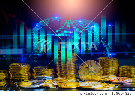 Modern way of exchange. Bitcoin is convenient payment in global economy market. Virtual digital currency and financial investment trade concept. Abstract cryptocurrency with gold bitcoin background. Modern way of exchange. Bitcoin is convenient payment in global economy market. Virtual digital currency and financial investment trade concept. Abstract cryptocurrency with gold bitcoin background. 138604823