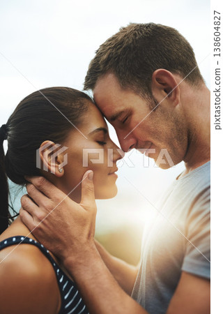 Forehead, love or happy couple on outdoor date with loyalty for trust, care or flare in nature. Eyes closed, sunshine or romantic man with woman hug on holiday vacation for bond, support or peace Forehead, love or happy couple on outdoor date with loyalty for trust, care or flare in nature. Eyes closed, sunshine or romantic man with woman hug on holiday vacation for bond, support or peace 138604827