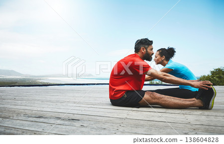 Couple, stretching and legs in exercise at beach to start fitness, training or outdoor with blue sky mockup. Workout, preparation and people together for sports, performance and feet on a deck 138604828