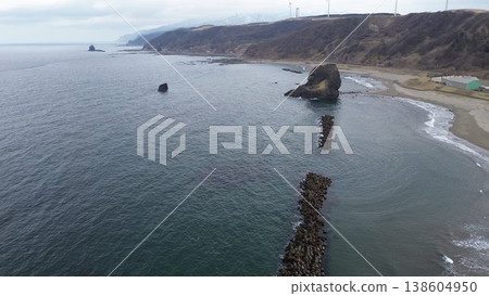 Drone aerial photography of the Sanbonsugi Rocks and the coastal scenery of the Sea of Japan in Setana Town, Hokkaido. Drone aerial photography of the Sanbonsugi Rocks and the coastal scenery of the Sea of Japan in Setana Town, Hokkaido. 138604950