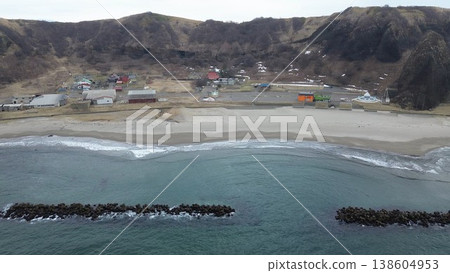 Drone aerial photography of the Sanbonsugi Rocks and the coastal scenery of the Sea of Japan in Setana Town, Hokkaido. 138604953