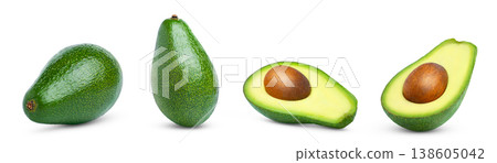 Collection of avocados isolated. Whole green avocado, cut in a half of ripe avocado isolated. 138605042