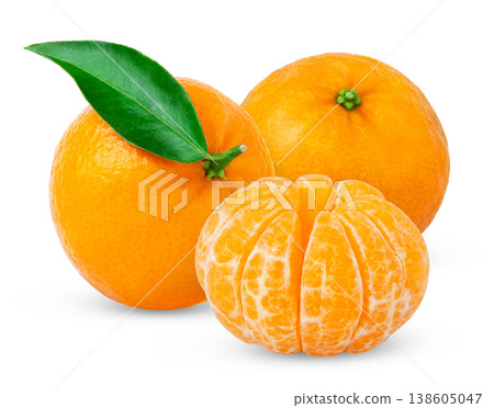 Mandarin citrus fruit with green leaf and peeled slices isolated. Two ripe tangerines and whole peeled with clipping path. Mandarin citrus fruit with green leaf and peeled slices isolated. Two ripe tangerines and whole peeled with clipping path. 138605047