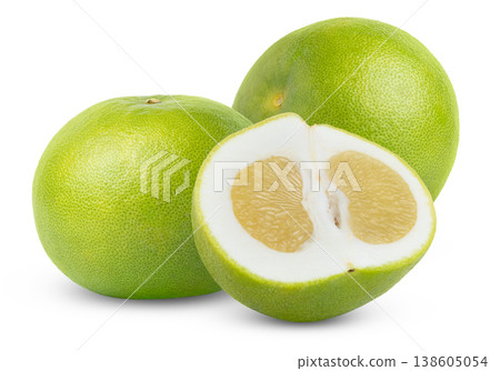 Ripe citrus oroblanco, sweetie, pomelo or pomelit fruits and half of sweetie isolated. Grapefruit sweetie fruit with half of grapefruit sweetie with clipping path. Ripe citrus oroblanco, sweetie, pomelo or pomelit fruits and half of sweetie isolated. Grapefruit sweetie fruit with half of grapefruit sweetie with clipping path. 138605054