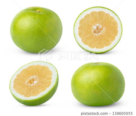 Set of pomelo, pomelit, oroblanco or sweetie grapefruit fruits isolated on white background. Sweetie grapefruit and half of oroblanco, pomelo, pomelit isolated. Set of pomelo, pomelit, oroblanco or sweetie grapefruit fruits isolated on white background. Sweetie grapefruit and half of oroblanco, pomelo, pomelit isolated. 138605055