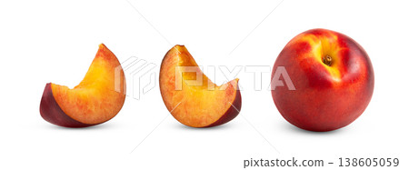 Nectarine red peach and cut in a slice collection, set isolated. 138605059