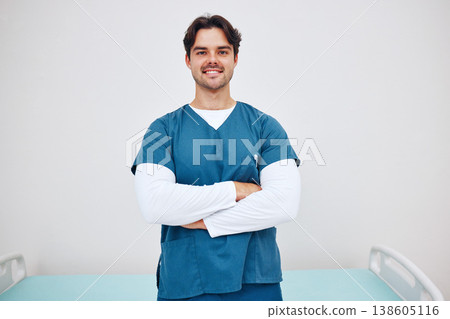 Portrait, doctor and arms crossed for smile in space for health, treatment or wellness. Happy man, nurse and scrubs for career in medicine with emergency care, cardiology or rehabilitation in clinic Portrait, doctor and arms crossed for smile in space for health, treatment or wellness. Happy man, nurse and scrubs for career in medicine with emergency care, cardiology or rehabilitation in clinic 138605116